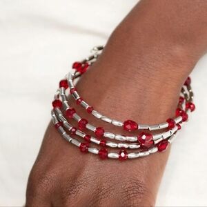 Silver & Red Crystal Beaded Wrap Bracelet Modern Contemporary Fashion Jewelry